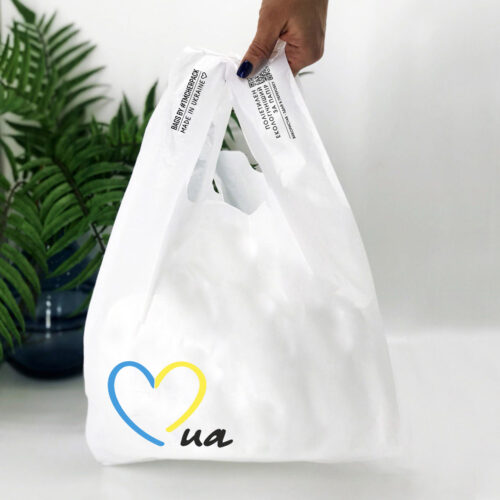 Пакет майка 28(2х7)х48, 18мкм, (50 шт.), HDPE харчовий,білий, “UA heart”