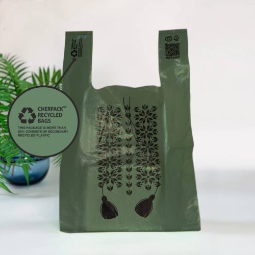 Пакет майка,28(2х7)х48,20мкм,(50 шт.),HDPE recycled 100 (1),зелений 8014, LOVE UA “CHERPACK RECYCLED